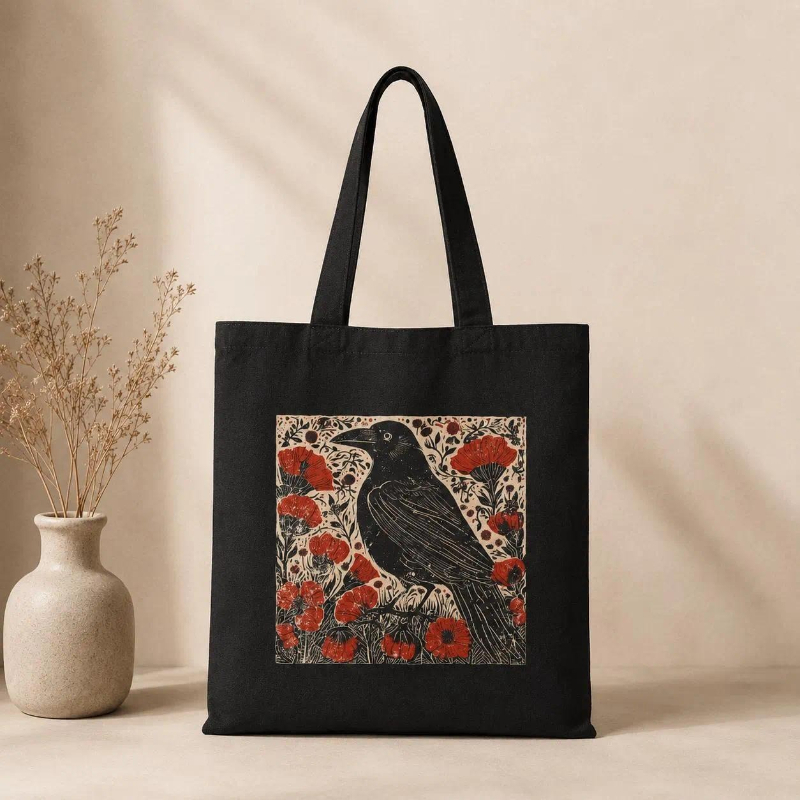 Women Bags Edgars - Whimsigoth Crow Canvas Tote Linocut Bird