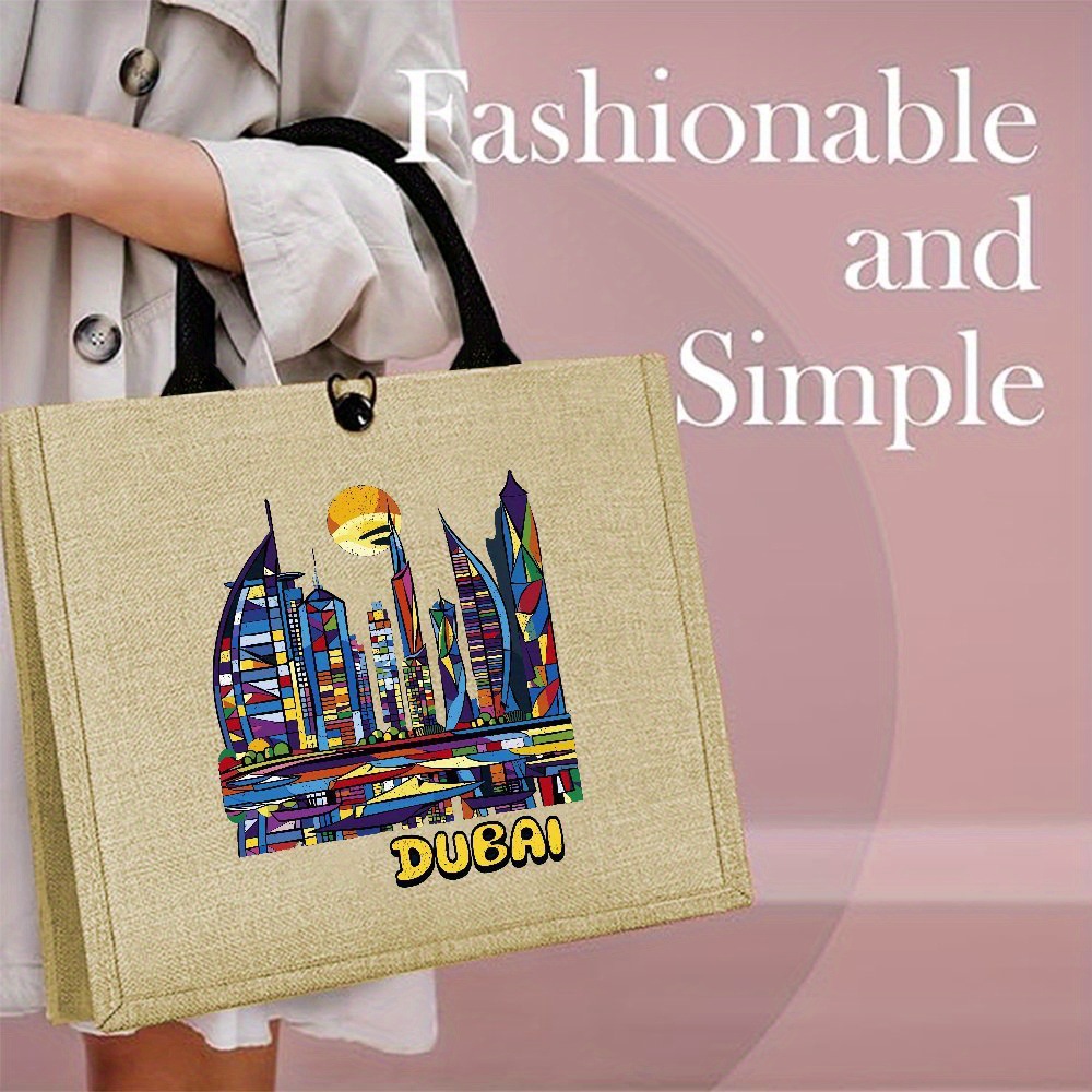 Women Bags Uae - Hot Sale Skyline Printed Linen Tote
